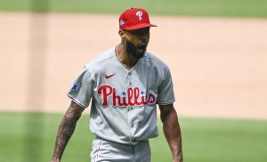 May 27, 2026; San Diego, California, USA; Philadelphia Phillies pitcher Cristopher Sanchez (61) celebrates after pitching during the seventh inning against the San Diego Padres at Petco Park.