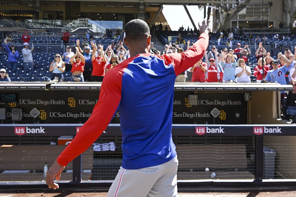 May 27, 2026; San Diego, California, USA; Philadelphia Phillies pitcher Cristopher Sanchez (61) waves to the fans after the Phillies beat the San Diego Padres at Petco Park.