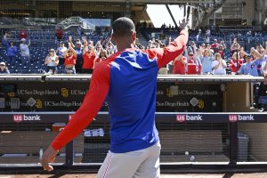 May 27, 2026; San Diego, California, USA; Philadelphia Phillies pitcher Cristopher Sanchez (61) waves to the fans after the Phillies beat the San Diego Padres at Petco Park.