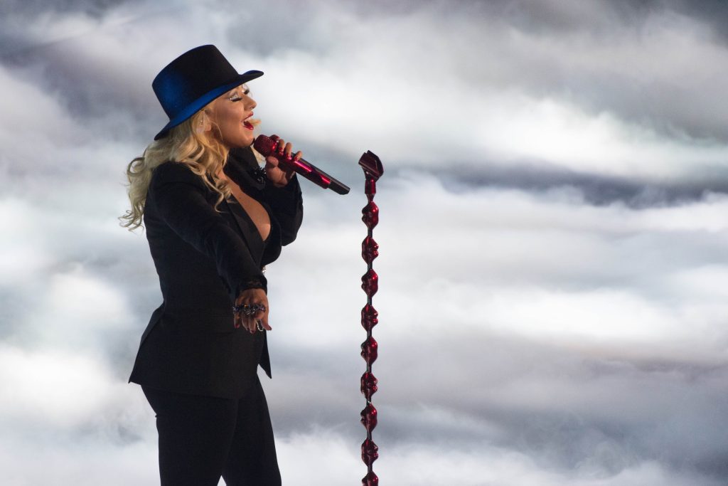 February 15, 2015; New York, NY, USA; Recording artist Christina Aguilera performs before the 2015 NBA All-Star Game at Madison Square Garden.