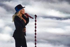 February 15, 2015; New York, NY, USA; Recording artist Christina Aguilera performs before the 2015 NBA All-Star Game at Madison Square Garden.