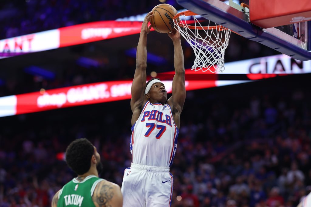 Apr 30, 2026; Philadelphia, Pennsylvania, USA; Philadelphia 76ers guard Vj Edgecombe (77) dunks the ball against the Boston Celtics during the third quarter at Xfinity Mobile Arena.
