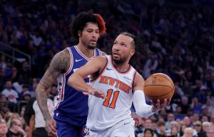 May 4, 2026; New York, New York, USA; New York Knicks guard Jalen Brunson (11) drives to the basket against Philadelphia 76ers forward Kelly Oubre Jr. (9) during the first quarter of game one of the eastern conference semifinal round of the 2026 NBA Playoffs at Madison Square Garden.