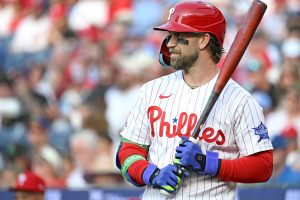 May 19, 2026; Philadelphia, Pennsylvania, USA; Philadelphia Phillies first baseman Bryce Harper (3) on deck against the Cincinnati Reds at Citizens Bank Park.