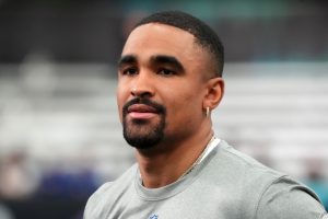 Feb 2, 2026; San Francisco, CA, USA; Philadelphia Eagles quarterrback Jalen Hurts (1) during NFC practice at the NFL Flag Fieldhouse at Moscone Center South Building.