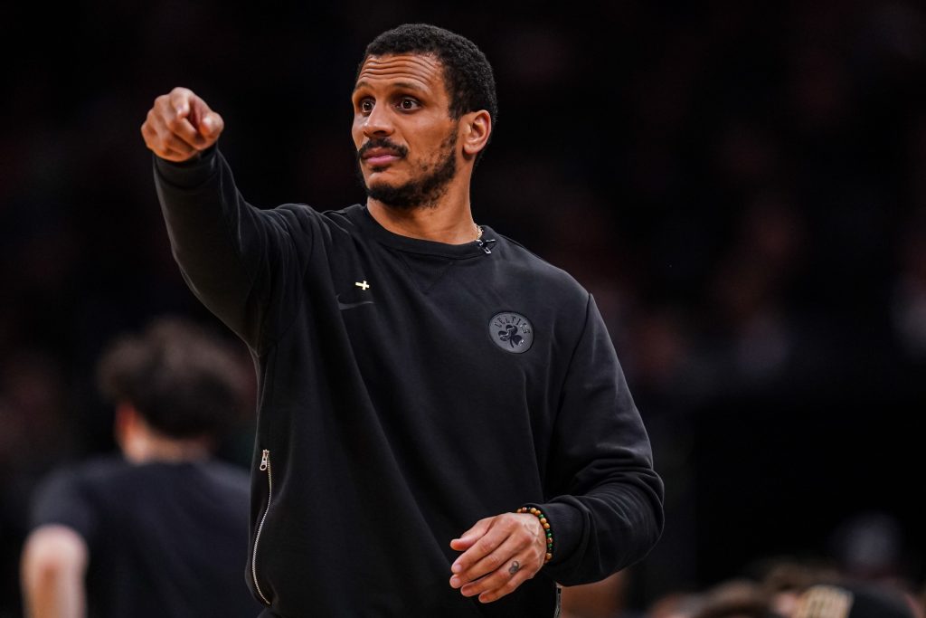 Apr 28, 2026; Boston, Massachusetts, USA; Boston Celtics head coach Joe Mazzulla watches from the sideline as they take on the Philadelphia 76ers during game five of the first round of the 2026 NBA Playoffs at TD Garden.