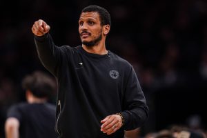 Apr 28, 2026; Boston, Massachusetts, USA; Boston Celtics head coach Joe Mazzulla watches from the sideline as they take on the Philadelphia 76ers during game five of the first round of the 2026 NBA Playoffs at TD Garden.