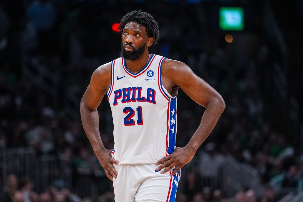 Apr 28, 2026; Boston, Massachusetts, USA; Philadelphia 76ers center Joel Embiid (21) on the court against the Boston Celtics in the second half during game five of the first round of the 2026 NBA Playoffs at TD Garden.
