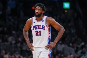 Apr 28, 2026; Boston, Massachusetts, USA; Philadelphia 76ers center Joel Embiid (21) on the court against the Boston Celtics in the second half during game five of the first round of the 2026 NBA Playoffs at TD Garden.