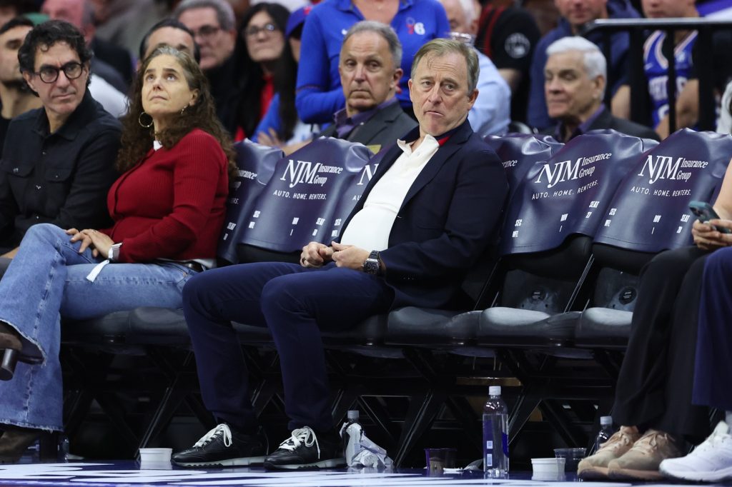 Apr 3, 2026; Philadelphia, Pennsylvania, USA; Josh Harris Managing Partner of the Philadelphia 76ers Josh Harris looks on during the third quarter against the Minnesota Timberwolves at Xfinity Mobile Arena.