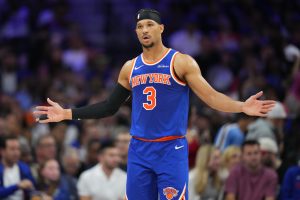 May 10, 2026; Philadelphia, Pennsylvania, USA; New York Knicks guard Josh Hart (3) reacts against the Philadelphia 76ers in the second quarter during game four of the second round of the 2026 NBA Playoffs at Xfinity Mobile Arena.