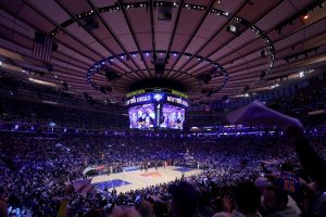 Apr 28, 2026; New York, New York, USA; General view of Madison Square Garden as fans wave their rally towels during the first quarter of game five of the first round of the 2026 NBA Playoffs between the New York Knicks and Atlanta Hawks.