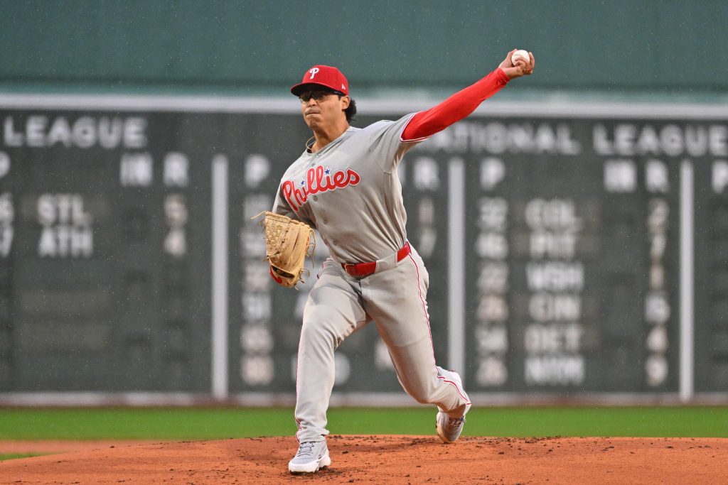 May 14, 2026; Boston, Massachusetts, USA; Philadelphia Phillies starting pitcher Jesus Luzardo (44) pitches against the Boston Red Sox during the first inning at Fenway Park.