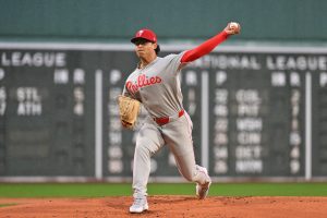 May 14, 2026; Boston, Massachusetts, USA; Philadelphia Phillies starting pitcher Jesus Luzardo (44) pitches against the Boston Red Sox during the first inning at Fenway Park.