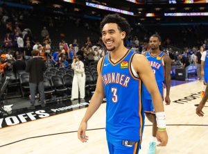 Apr 27, 2026; Phoenix, Arizona, USA; Oklahoma City Thunder guard Jared McCain (3) against the Phoenix Suns during game four of the first round of the 2026 NBA Playoffs at Mortgage Matchup Center.