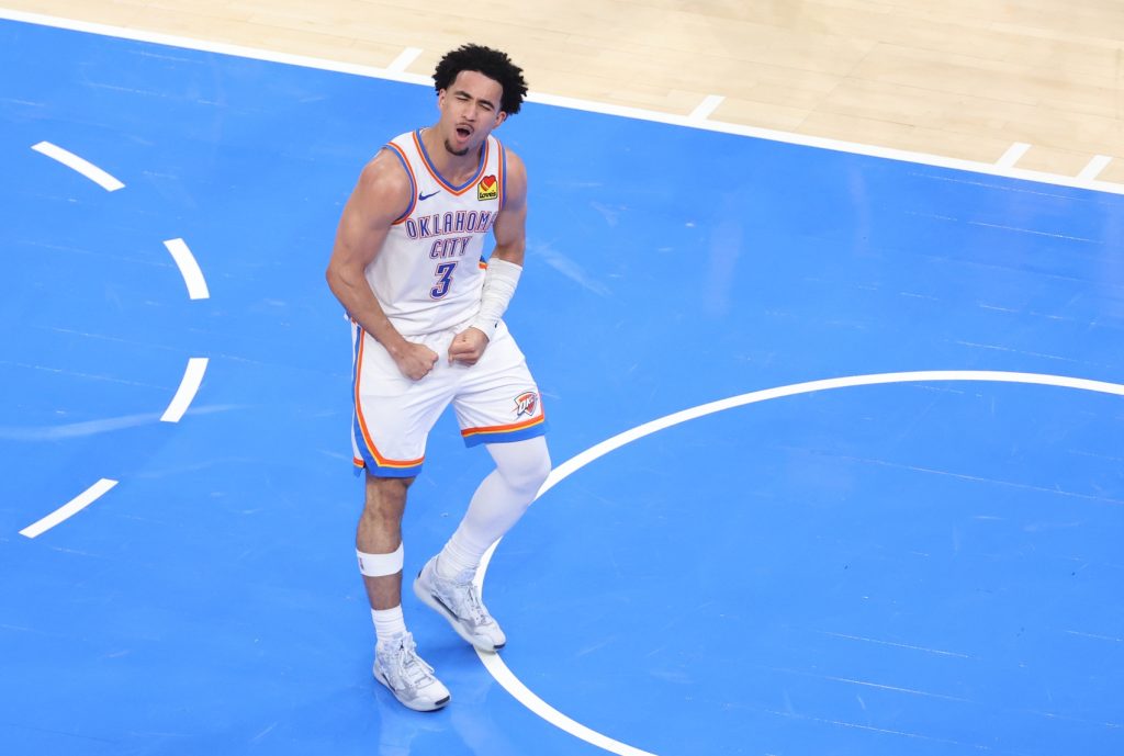 May 26, 2026; Oklahoma City, Oklahoma, USA; Oklahoma City Thunder guard Jared McCain (3) reacts after a basket during the fourth quarter against the San Antonio Spurs in game five of the western conference finals for the 2026 NBA playoffs at Paycom Center.