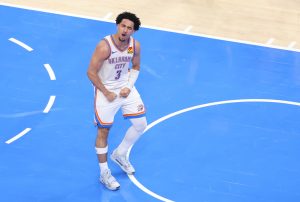 May 26, 2026; Oklahoma City, Oklahoma, USA; Oklahoma City Thunder guard Jared McCain (3) reacts after a basket during the fourth quarter against the San Antonio Spurs in game five of the western conference finals for the 2026 NBA playoffs at Paycom Center.