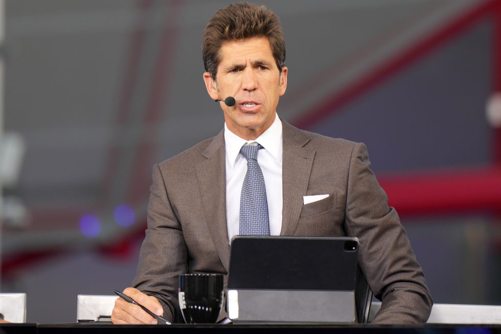 Oct 23, 2024; Inglewood, California, USA; Bob Myers on the ESPN NBA Countdown live set at Intuit Dome.