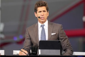 Oct 23, 2024; Inglewood, California, USA; Bob Myers on the ESPN NBA Countdown live set at Intuit Dome.