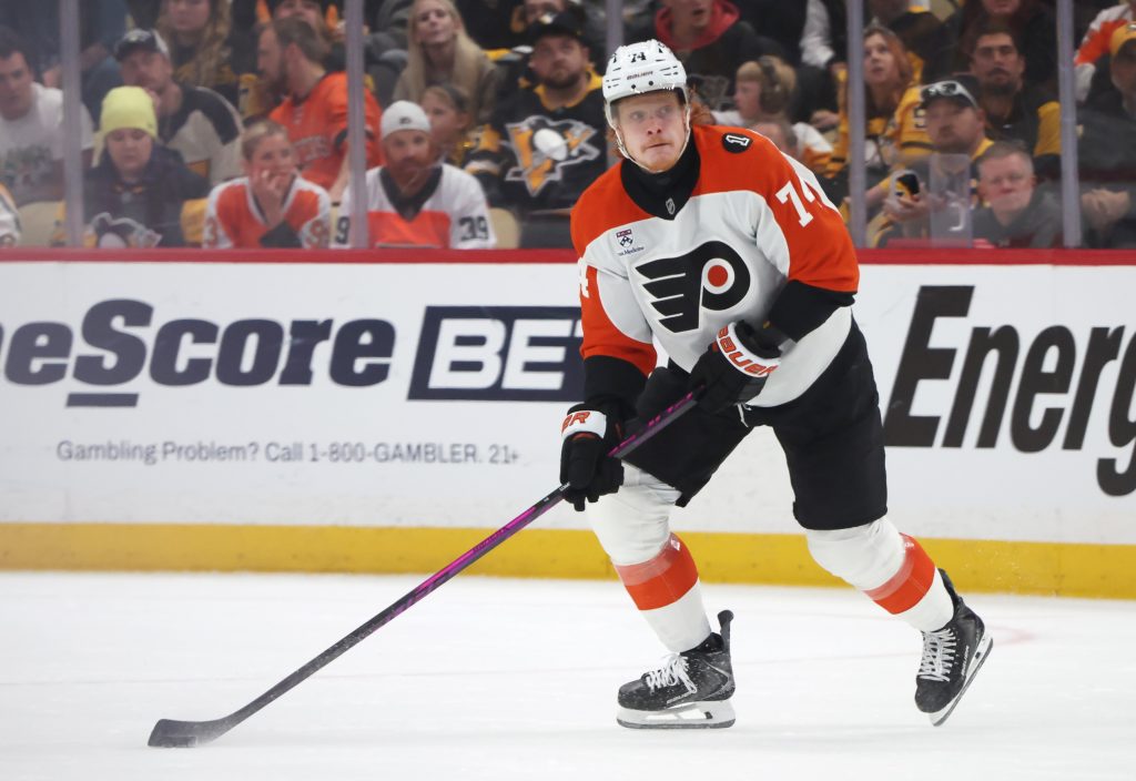Apr 27, 2026; Pittsburgh, Pennsylvania, USA; Philadelphia Flyers right wing Owen Tippett (74) handles the puck against the Pittsburgh Penguins during the second period in game five of the first round of the 2026 Stanley Cup Playoffs at PPG Paints Arena.