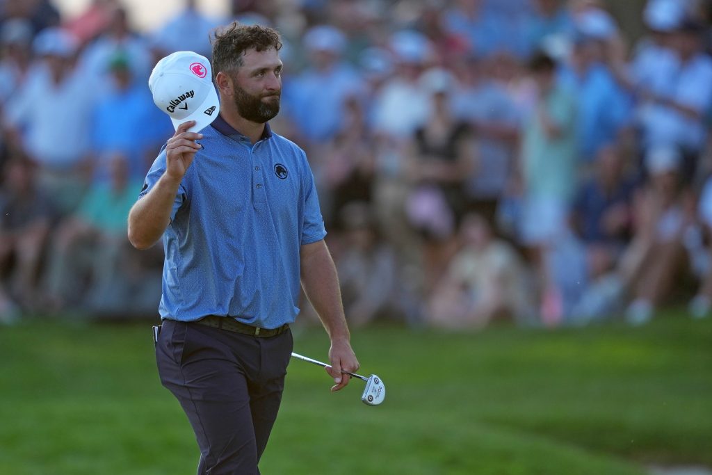 May 17, 2026; Newtown Square, Pennsylvania, USA; Jon Rahm reacts after the 18th hole during the final round of the PGA Championship golf tournament. J
