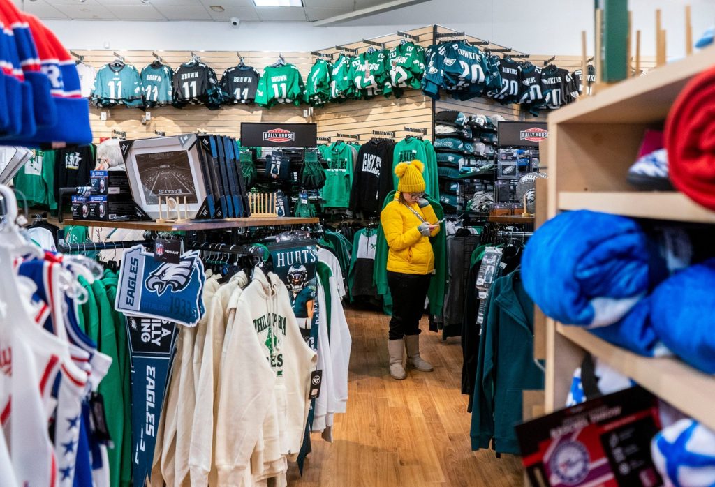 Philadelphia Eagles fans buy NFC championship merchandise at the Rally House in Fairless Hills on Monday, Jan. 27, 2025.