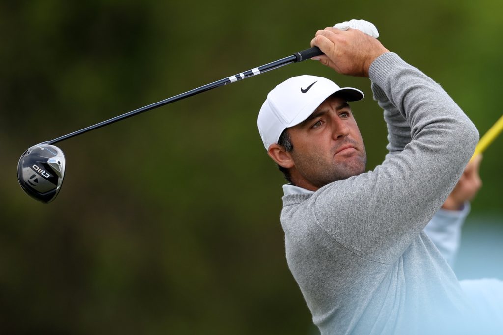May 14, 2026; Newtown Square, Pennsylvania, USA; Scottie Scheffler plays his shot from the seventh tee during the first round of the PGA Championship golf tournament at Aronimink Golf Club.