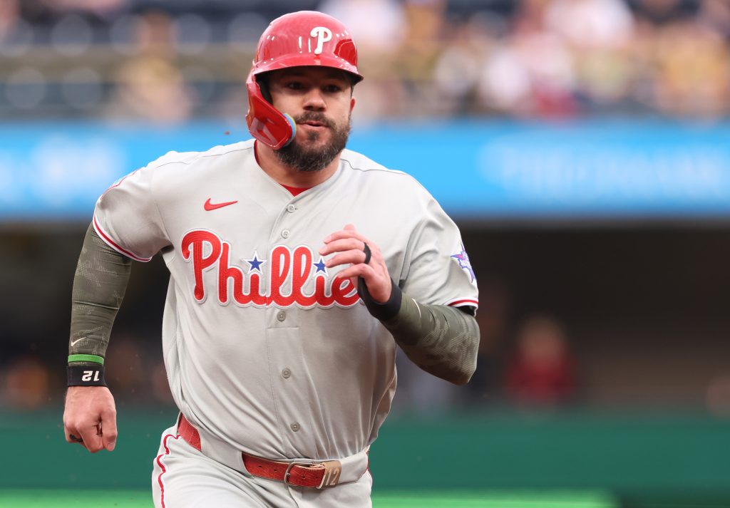 May 15, 2026; Pittsburgh, Pennsylvania, USA; Philadelphia Phillies designated hitter Kyle Schwarber (12) runs from first base to third base against the Pittsburgh Pirates during the first inning at PNC Park.