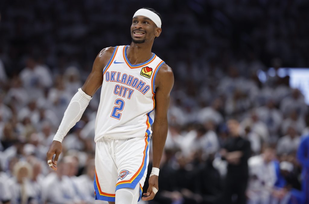 May 26, 2026; Oklahoma City, Oklahoma, USA; Oklahoma City Thunder guard Shai Gilgeous-Alexander (2) reacts after a play during the third quarter against the San Antonio Spurs in game five of the western conference finals for the 2026 NBA playoffs at Paycom Center.