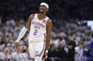 May 26, 2026; Oklahoma City, Oklahoma, USA; Oklahoma City Thunder guard Shai Gilgeous-Alexander (2) reacts after a play during the third quarter against the San Antonio Spurs in game five of the western conference finals for the 2026 NBA playoffs at Paycom Center.