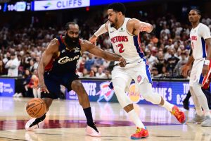 May 9, 2026; Cleveland, Ohio, USA; Cleveland Cavaliers guard James Harden (1) drives to the basket against Detroit Pistons forward Tobias Harris (12) during the second half of game three in the second round of the 2026 NBA Playoffs at Rocket Arena.