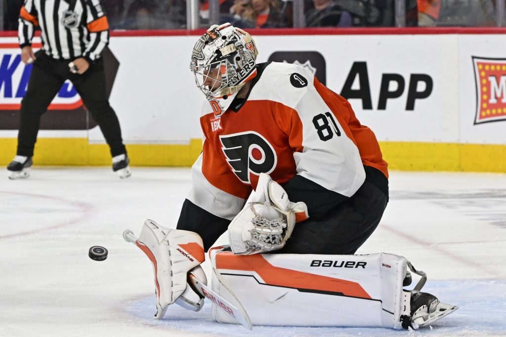 May 7, 2026; Philadelphia, Pennsylvania, USA; Philadelphia Flyers goaltender Dan Vladar (80) makes a save against the Carolina Hurricanes during the second period in game three of the second round of the 2026 Stanley Cup Playoffs at Xfinity Mobile Arena.