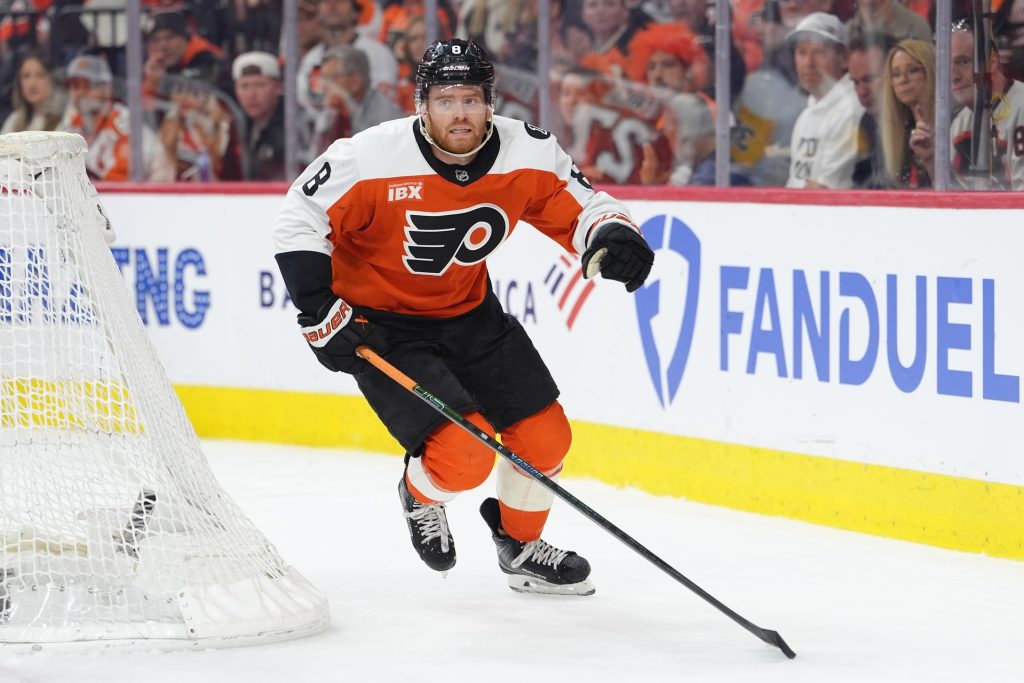 Apr 29, 2026; Philadelphia, Pennsylvania, USA; Philadelphia Flyers defenseman Cam York (8) in action against the Pittsburgh Penguins in the second period in game six of the first round of the 2026 Stanley Cup Playoffs at Xfinity Mobile Arena.