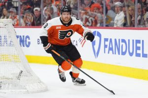 Apr 29, 2026; Philadelphia, Pennsylvania, USA; Philadelphia Flyers defenseman Cam York (8) in action against the Pittsburgh Penguins in the second period in game six of the first round of the 2026 Stanley Cup Playoffs at Xfinity Mobile Arena.