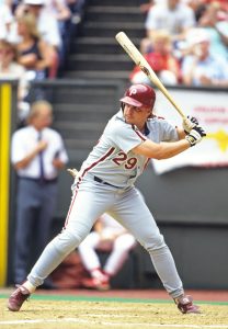 Jun 10, 1991; Philadelphia, PA, USA; FILE PHOTO; Philadelphia Phillies first baseman John Kruk (29) at bat against the Cincinnati Reds at Veterans Stadium.