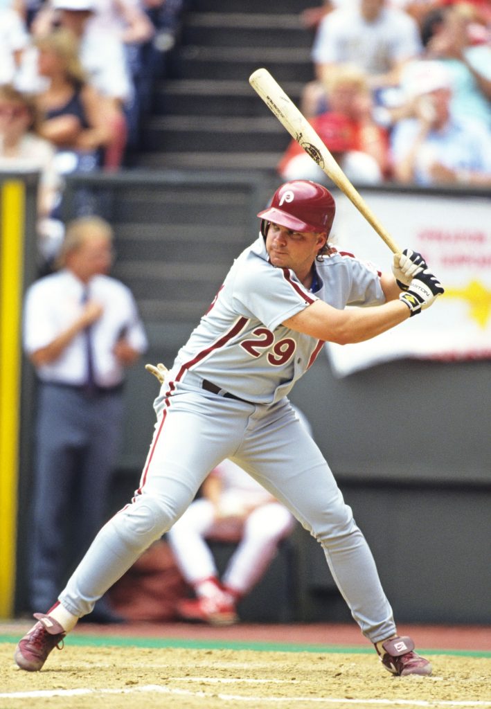 Jun 10, 1991; Philadelphia, PA, USA; FILE PHOTO; Philadelphia Phillies first baseman John Kruk (29) at bat against the Cincinnati Reds at Veterans Stadium.