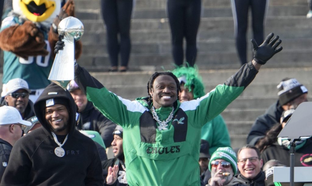 Eagle receiver A.J. Brown gestures during the Philadelphia Eagles Super Bowl celebration in front of the Philadelphia Museum of Art, Friday, Feb. 14, 2025.