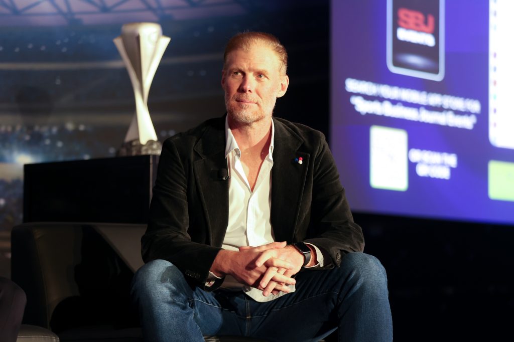 Mar 20, 2025; Marina Del Rey, California, USA; Alexi Lalas during the Charting the Future of the Professional Game in North America panel at Marina Del Rey Marriott.