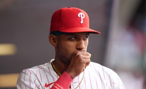 May 12, 2025; Philadelphia, Pennsylvania, USA; Philadelphia Phillies outfielder Johan Rojas (23) looks on before the game against the St. Louis Cardinals at Citizens Bank Park.