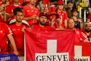 Jun 10, 2025; Nashville, Tennessee, USA; Switzerland fans yell to their team as they come off the field against the United States during the second half at Geodis Park.