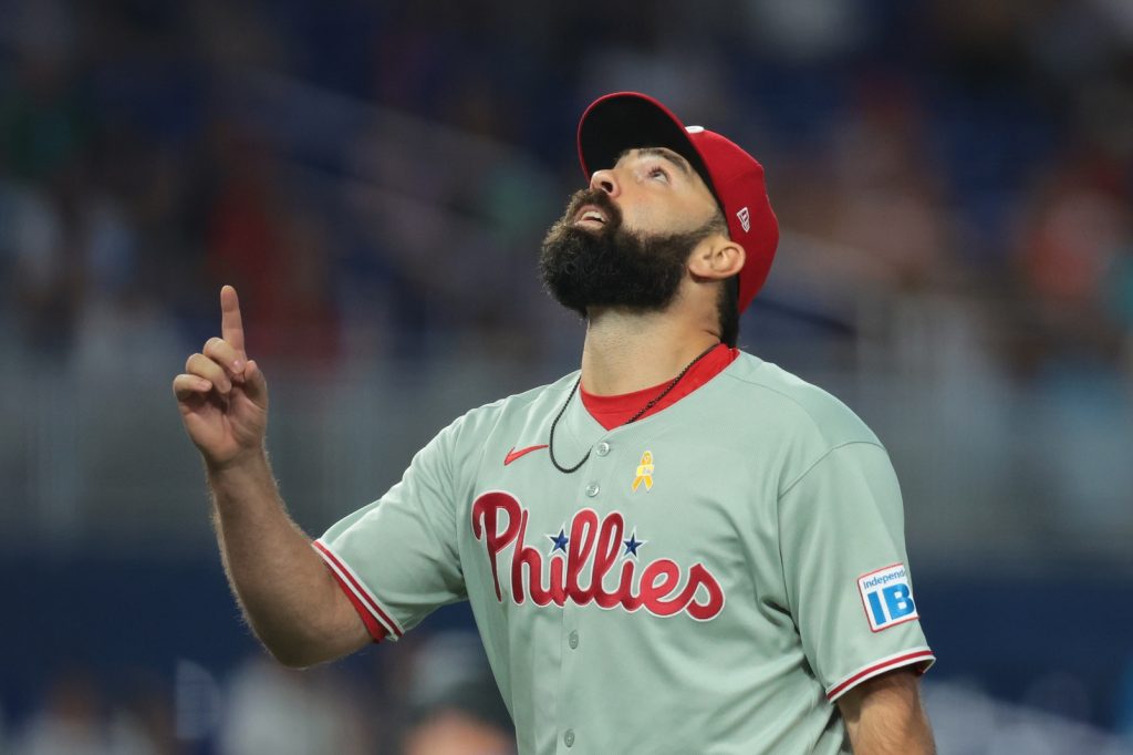 Sep 7, 2025; Miami, Florida, USA; Philadelphia Phillies relief pitcher Lou Trivino (57) reacts against the Miami Marlins during the eighth inning at loanDepot Park.