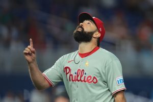 Sep 7, 2025; Miami, Florida, USA; Philadelphia Phillies relief pitcher Lou Trivino (57) reacts against the Miami Marlins during the eighth inning at loanDepot Park.