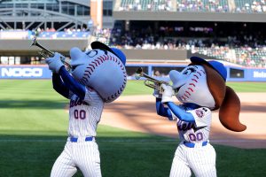 Sep 18, 2025; New York City, New York, USA; Mr. and Mrs. Met play the trumpets as New York Mets relief pitcher Edwin Diaz (not pictured) enters the game against the San Diego Padres during the ninth inning at Citi Field.