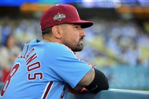 Oct 8, 2025; Los Angeles, California, USA; Philadelphia Phillies right fielder Nick Castellanos (8) looks on from the dugout during game three of the NLDS of the 2025 MLB playoffs against the Los Angeles Dodgers at Dodger Stadium.