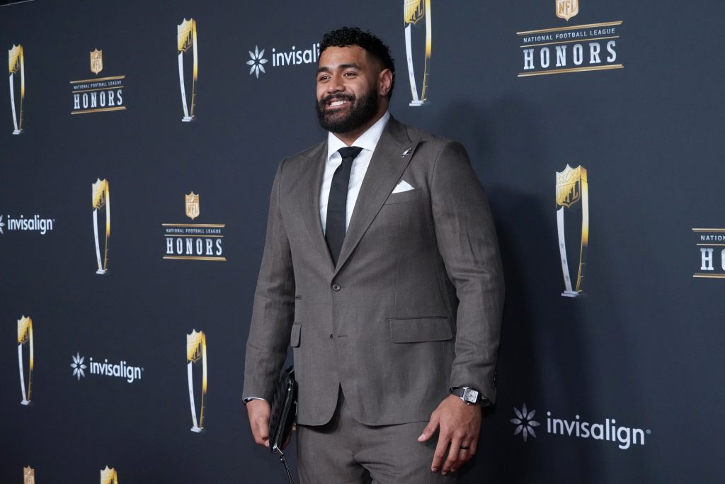 Feb 5, 2026; San Francisco, CA, USA; Jordan Mailata on the NFL Honors Red Carpet before Super Bowl LX at Palace of Fine Arts.
