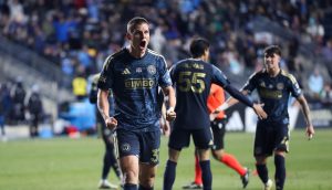 Mar 1, 2026; Chester, Pennsylvania, USA; Philadelphia Union forward Stas Korzeniowski (37) reacts after drawing a foul causing a penalty kick against New York City FC during the second half at Subaru Park.
