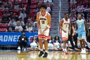 Mar 20, 2026; San Diego, CA, USA; Arizona Wildcats forward Koa Peat (10) reacts in the first half against the LIU Sharks during a first round game of the men's 2026 NCAA Tournament at Viejas Arena.