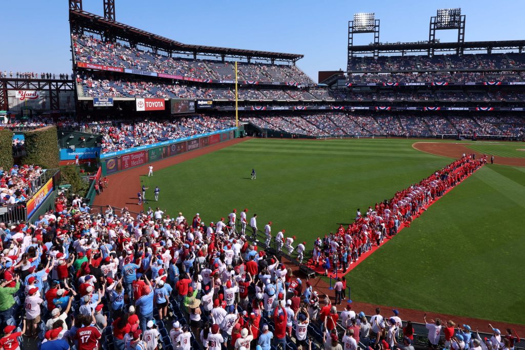 Mar 26, 2026; Philadelphia, Pennsylvania, USA; The Philadelphia Phillies makes their way onto the field for an opening day game against the Texas Rangers at Citizens Bank Park.