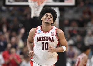 Mar 26, 2026; San Jose, CA, USA; Arizona Wildcats forward Koa Peat (10) reacts after a pay against the Arkansas Razorbacks in the second half during a Sweet Sixteen game of the West Regional of the men's 2026 NCAA Tournament at SAP Center.