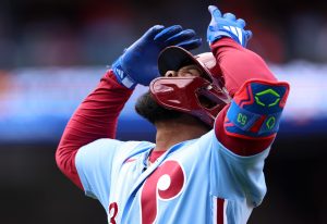 Apr 30, 2026; Philadelphia, Pennsylvania, USA; Philadelphia Phillies right fielder Adolis Garcia (53) reacts after lining out during the sixth inning against the San Francisco Giants at Citizens Bank Park.
